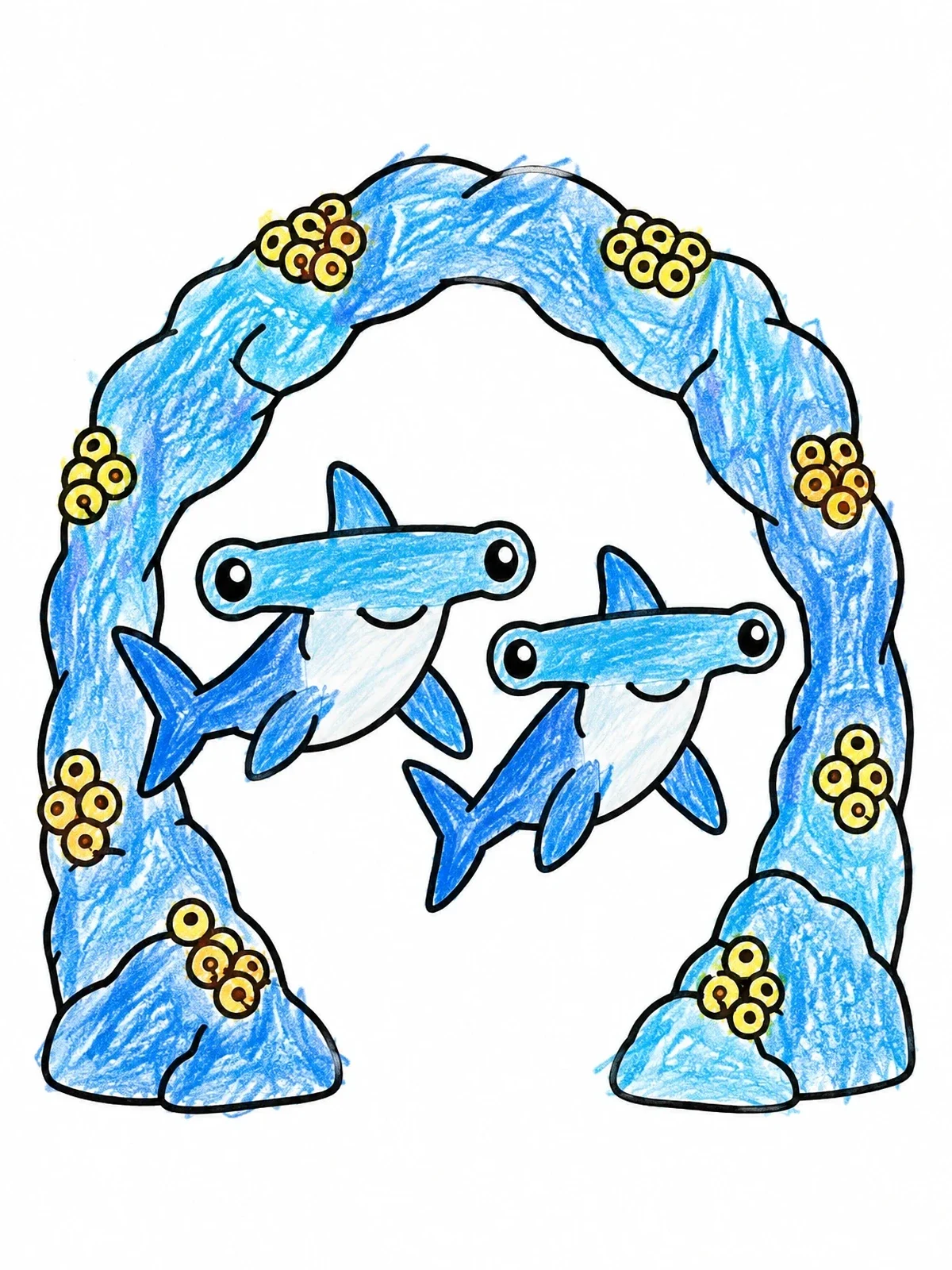 Colored example of the Hammerhead Sharks Under Coral Arch coloring page