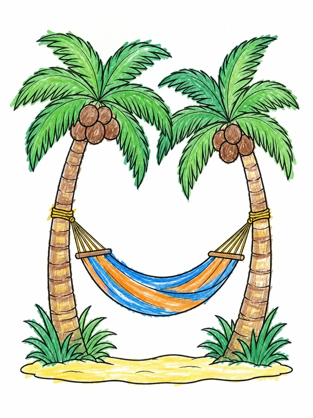 Colored example of the Hammock Between Coconut Palm Trees coloring page