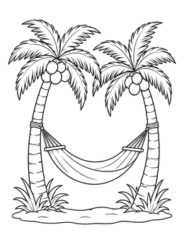 A relaxing hammock hangs between two palm trees in this coconut coloring page.