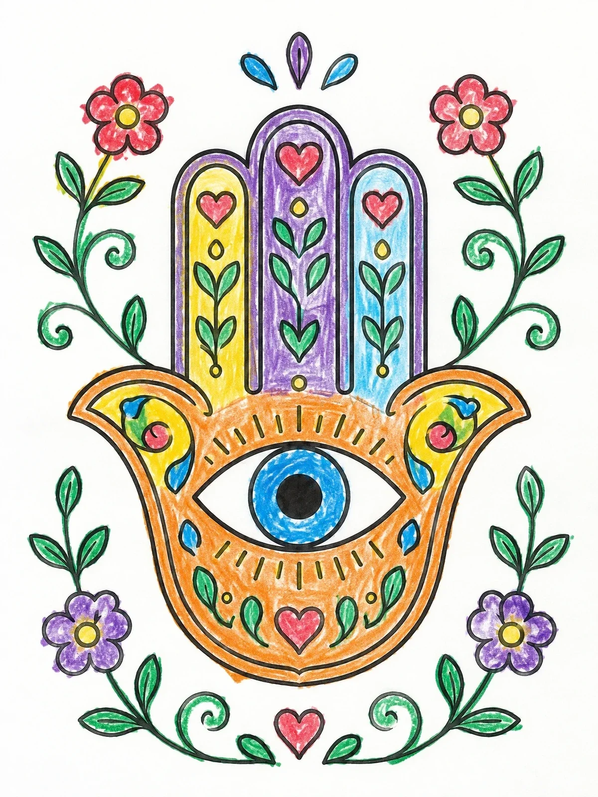Colored example of the Hamsa Hand With Evil Eye And Flowers coloring page