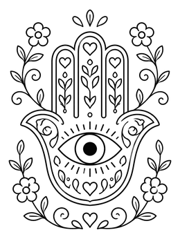 Free printable Hamsa Hand With Evil Eye And Flowers coloring page