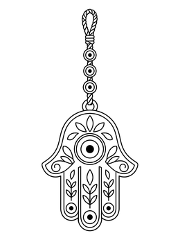 A decorative Hamsa hand amulet featuring an evil eye coloring page hanging from a beaded cord.