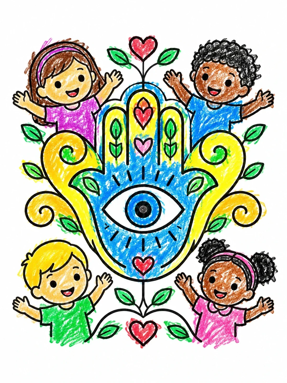 Colored example of the Hamsa Hand With Evil Eye And Children coloring page
