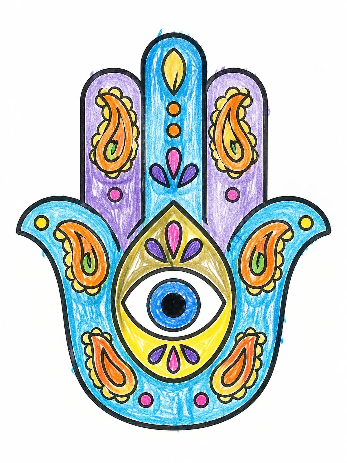 Colored example of the Hamsa Hand With Evil Eye coloring page