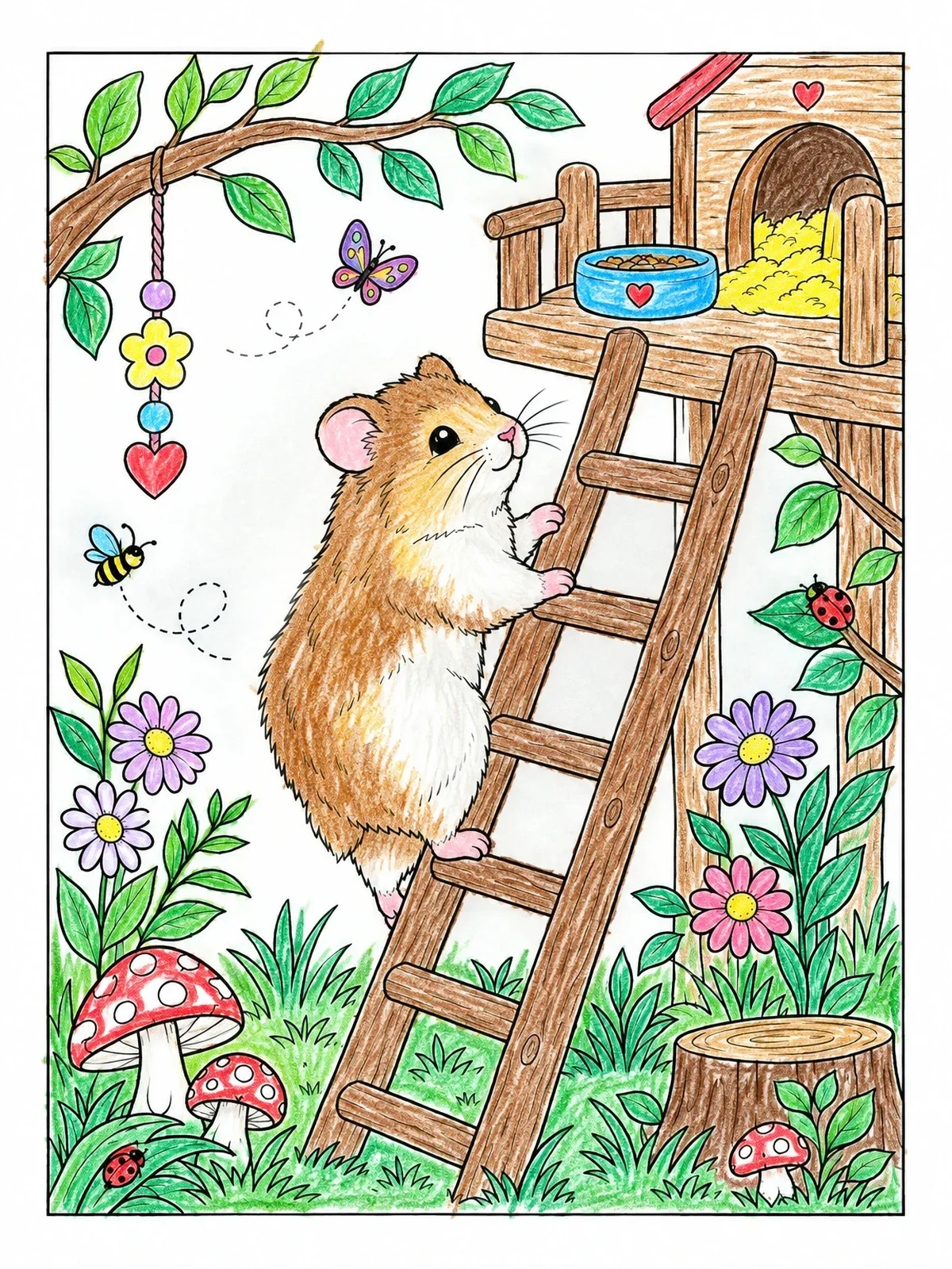Colored example of the Hamster Climbing To Treehouse Platform coloring page