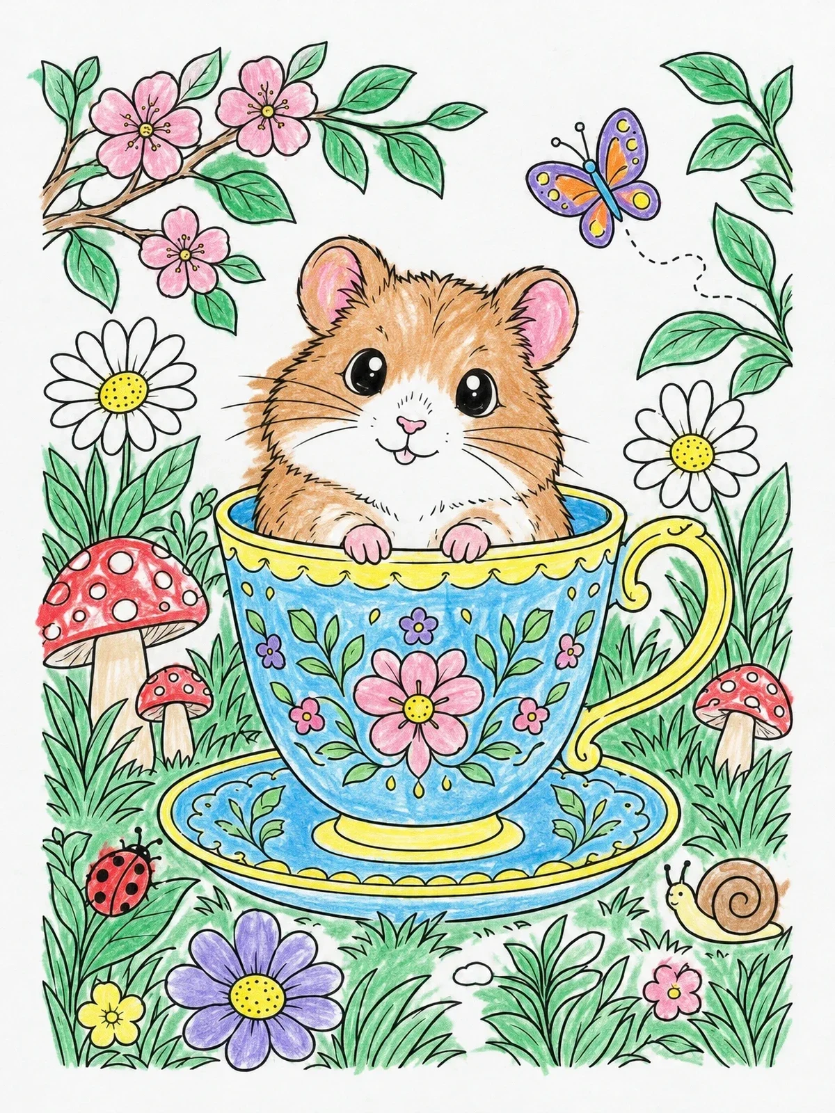 Colored example of the Cute Hamster In A Floral Teacup coloring page