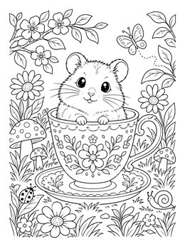 Free printable Cute Hamster In A Floral Teacup coloring page