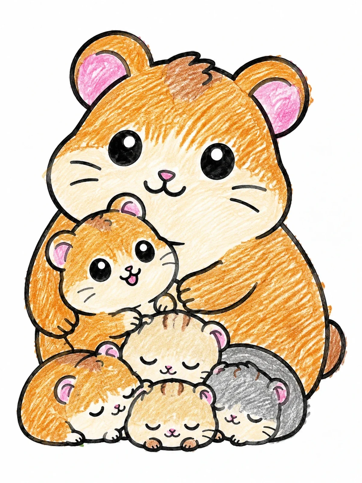 Colored example of the Hamster Mother With Sleeping Pups coloring page