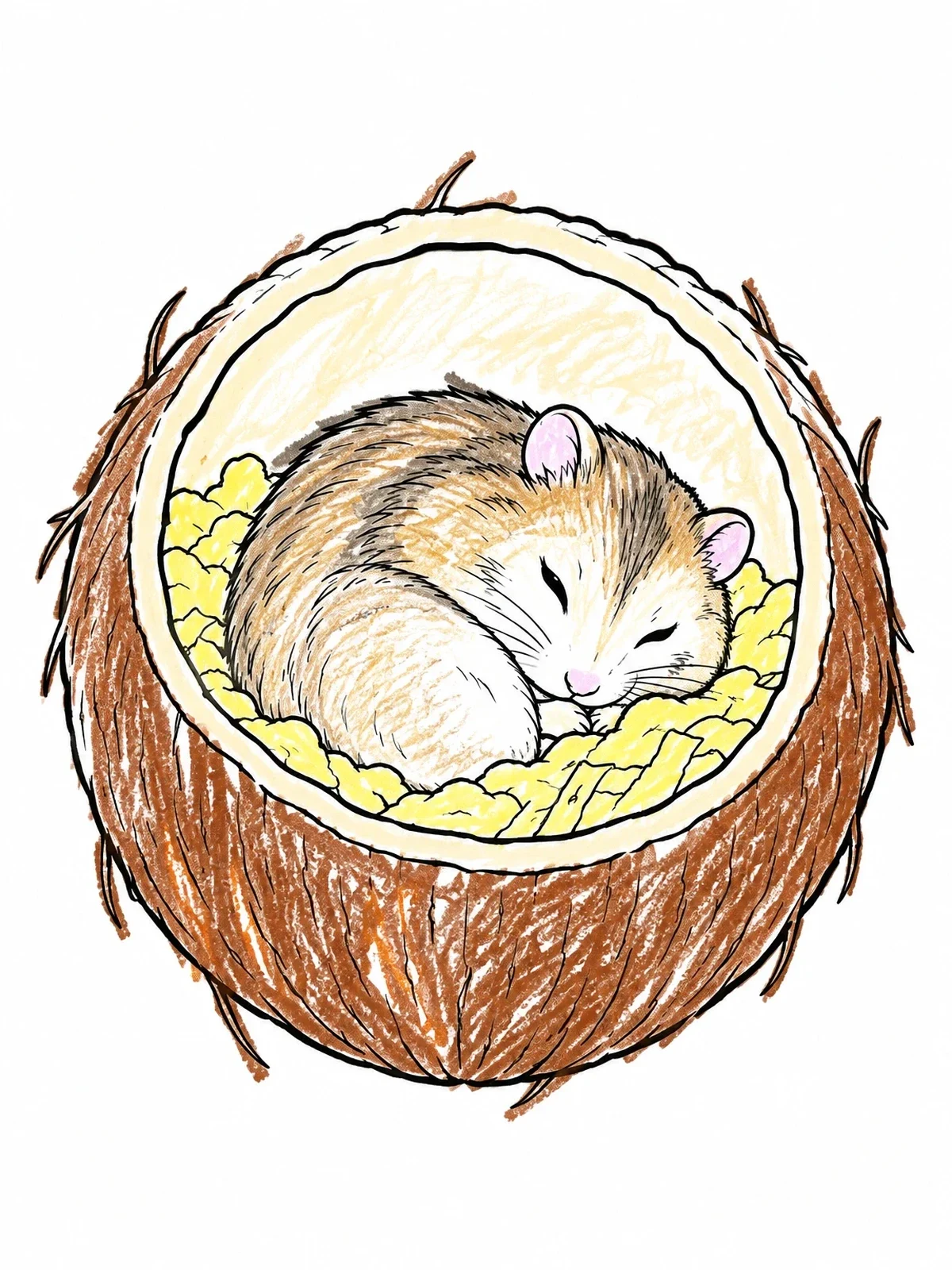 Colored example of the Hamster Sleeping In A Coconut Nest coloring page