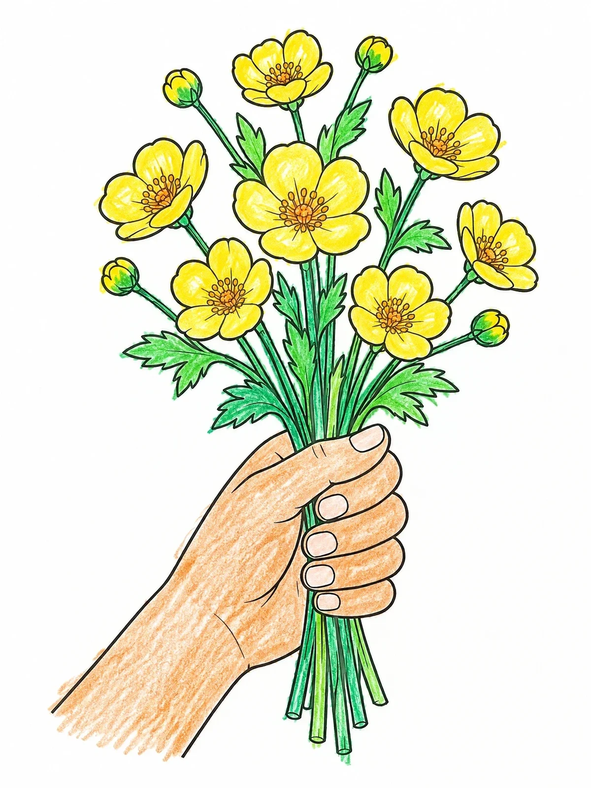 Colored example of the Hand Holding Fresh Buttercup Bouquet coloring page