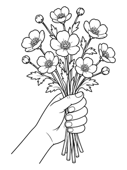 A hand holding a buttercup flower coloring page bouquet with open blooms and delicate buds.