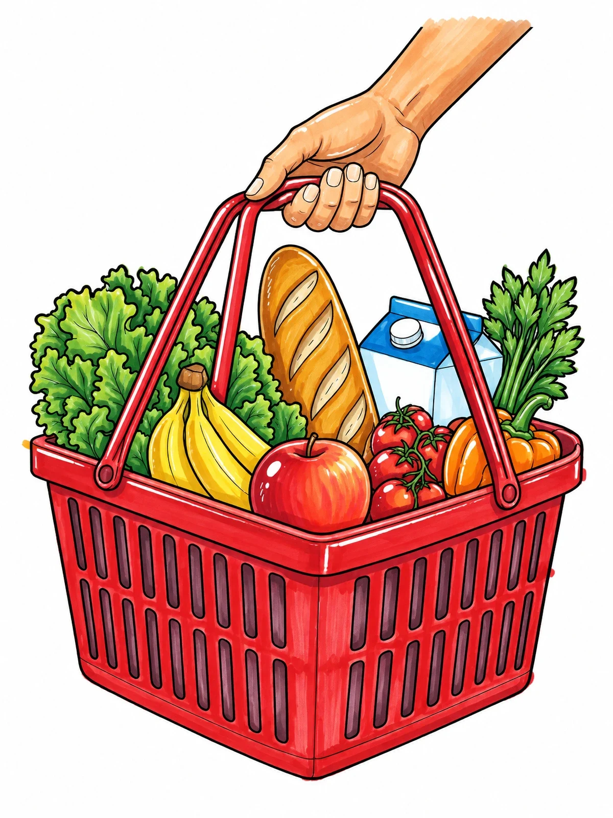 Colored example of the Hand Carrying A Full Grocery Basket coloring page