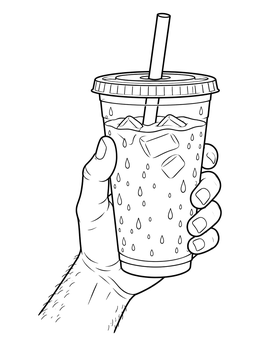 Refreshing iced coffee coloring page showing a hand holding a plastic to-go cup with ice and straw.