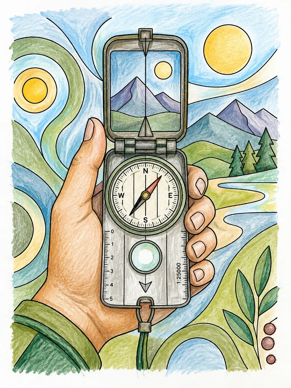 Colored example of the Hand Holding A Sighting Compass Outdoors coloring page