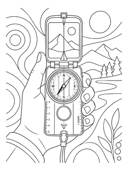 Hand holding a navigational tool outdoors on this detailed compass coloring page.