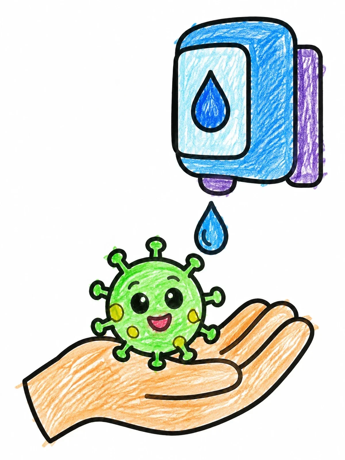 Colored example of the Hand Sanitizer And Cute Germ coloring page