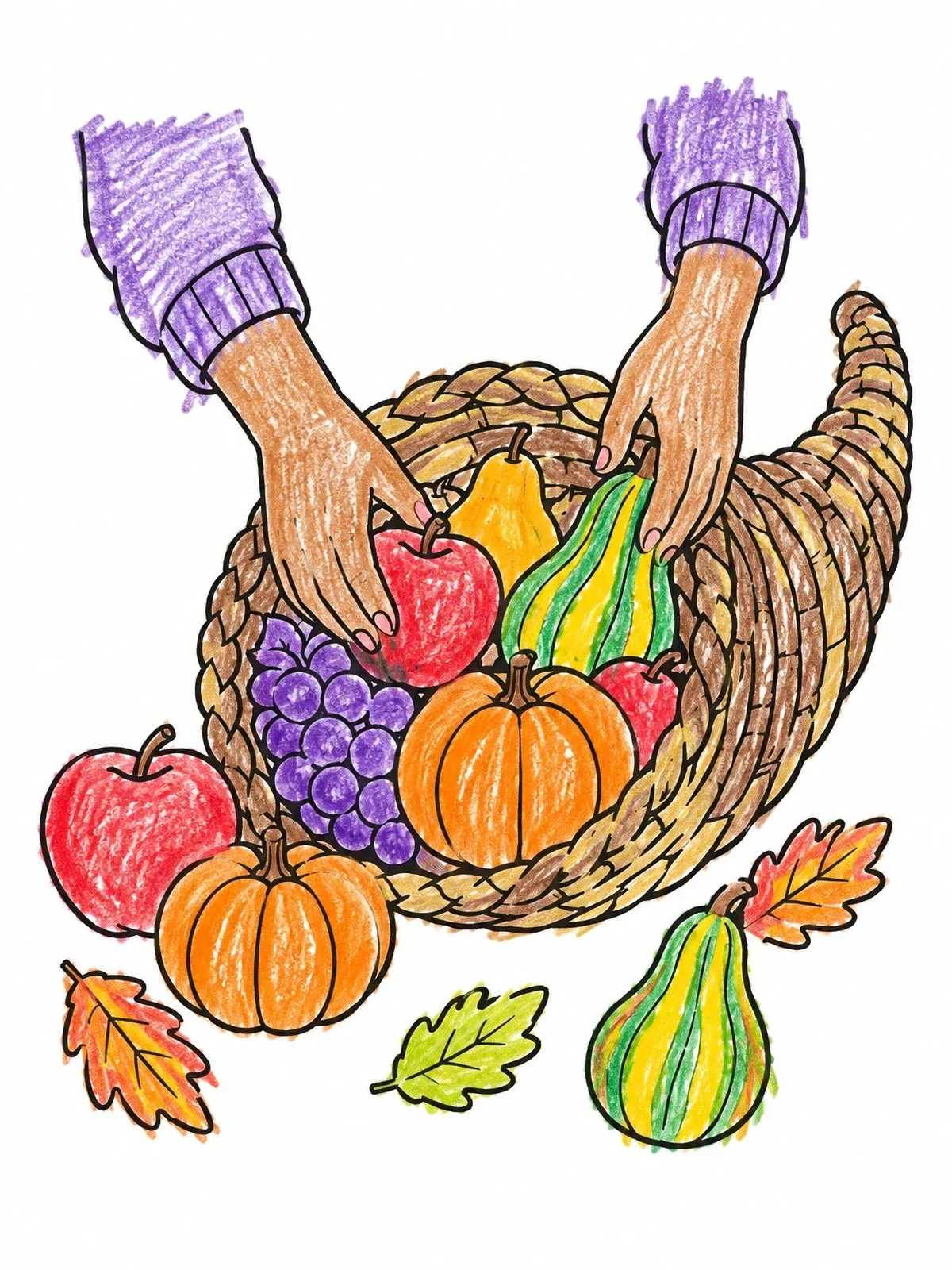 Colored example of the Hands Arranging A Harvest Cornucopia coloring page