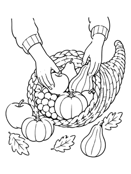 Free printable Hands Arranging A Harvest Cornucopia coloring page