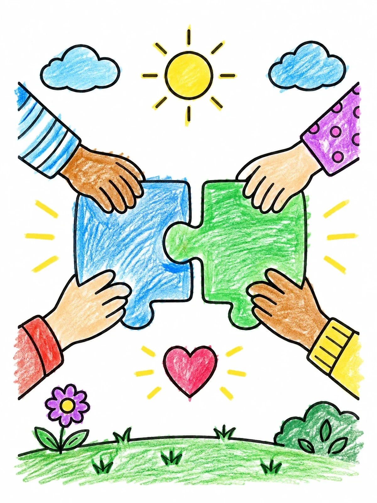 Colored example of the Hands Connecting Giant Puzzle Pieces coloring page