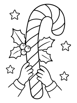 A festive candy cane coloring page held by small hands and decorated with holly and stars.