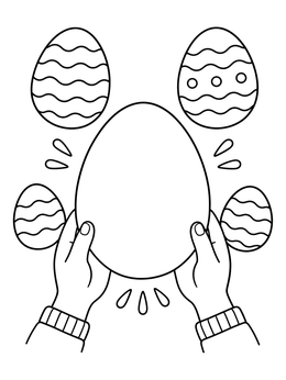 Hands hold a blank egg in this simple easter egg coloring page surrounded by patterned eggs.