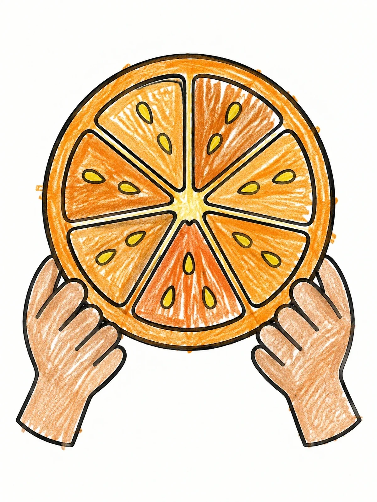 Colored example of the Hands Holding A Big Orange Slice coloring page