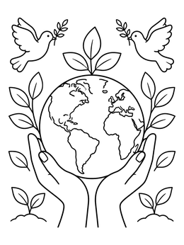Caring hands hold the globe on this earth coloring page with doves and leaves.