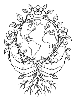 Detailed hands cradle planet Earth encircled by blooming vines on this earth day coloring page.