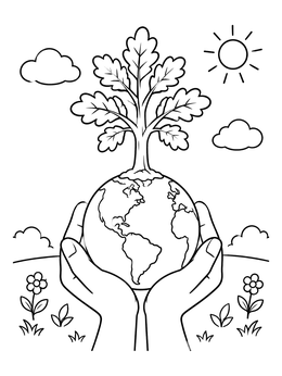 An earth coloring page showing two hands holding the globe with a small oak tree growing on top.