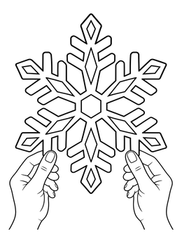 A bold snowflake coloring page held by two hands with clear outlines.