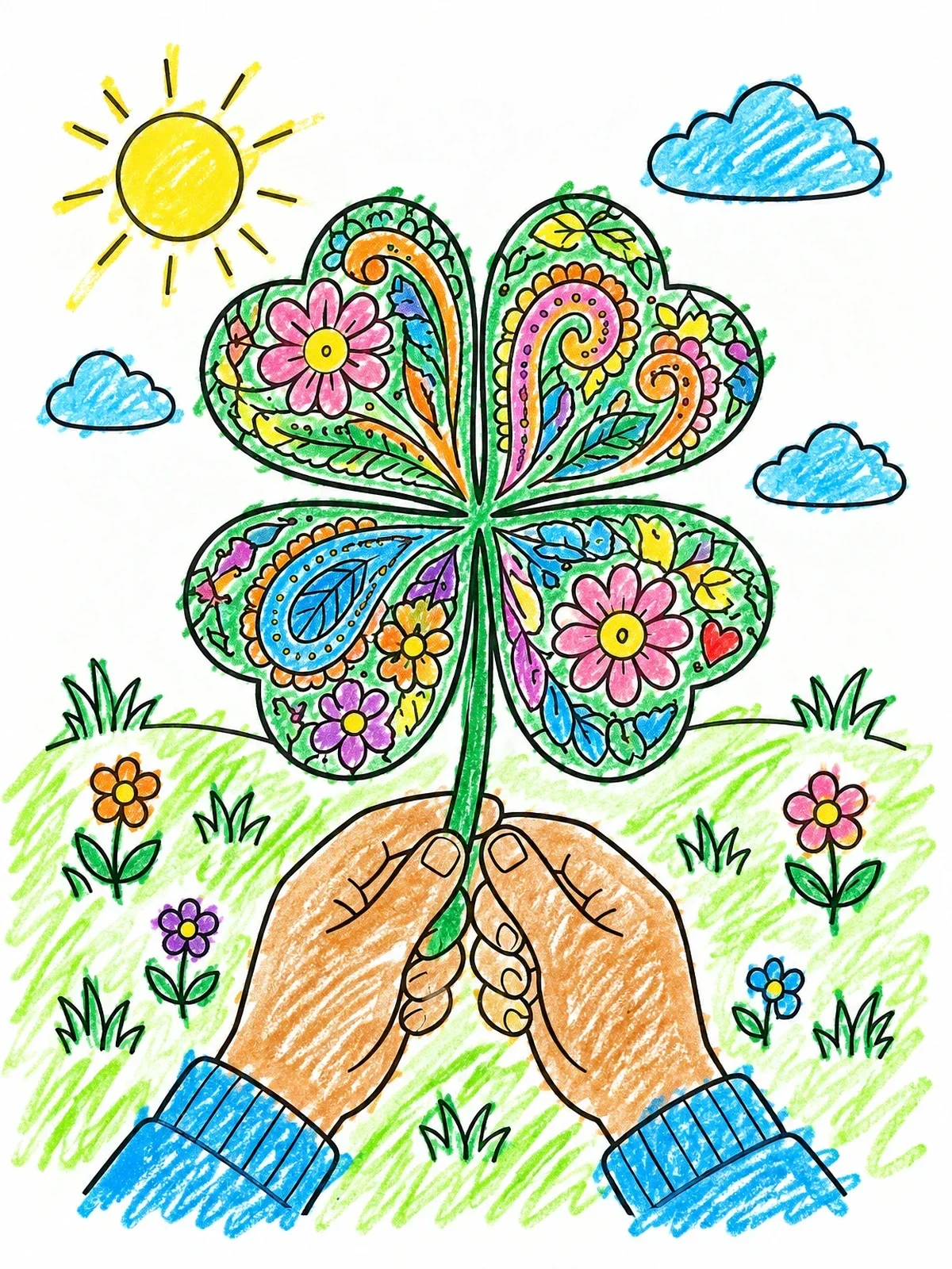 Colored example of the Holding A Patterned Four Leaf Clover coloring page