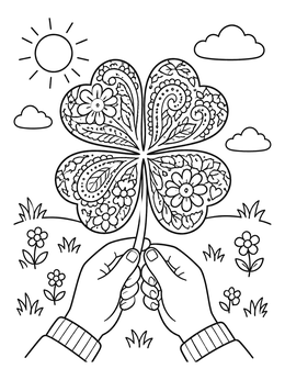 Free printable Holding A Patterned Four Leaf Clover coloring page