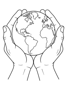 Two cupped hands supporting a globe on this earth day coloring page.