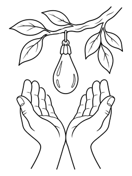 A teardrop ornament coloring page hanging above cupped hands.