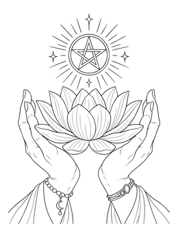 Free printable Hands Holding Lotus And Pentagram coloring page