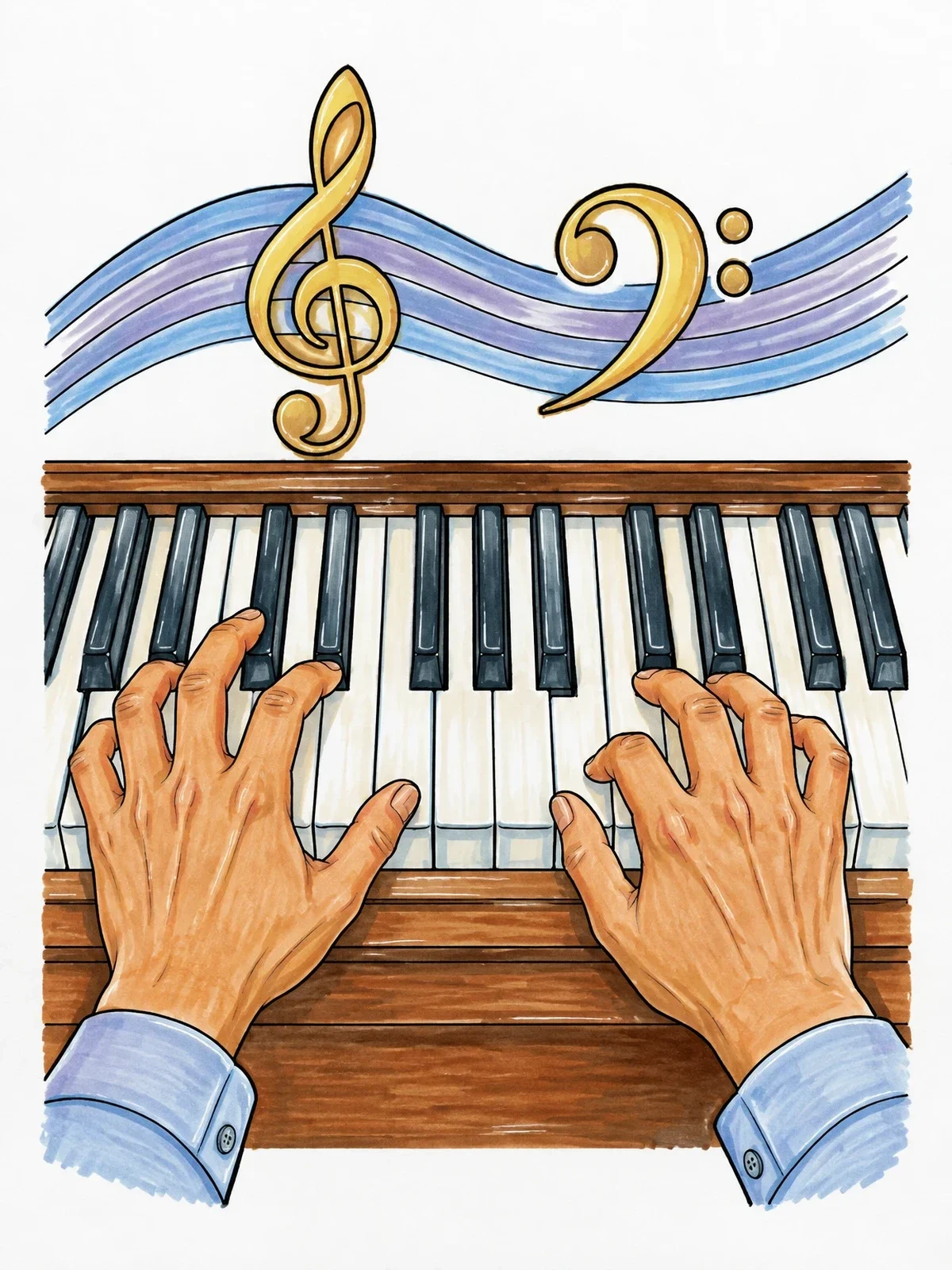 Colored example of the Hands Playing Piano With Musical Clefs coloring page