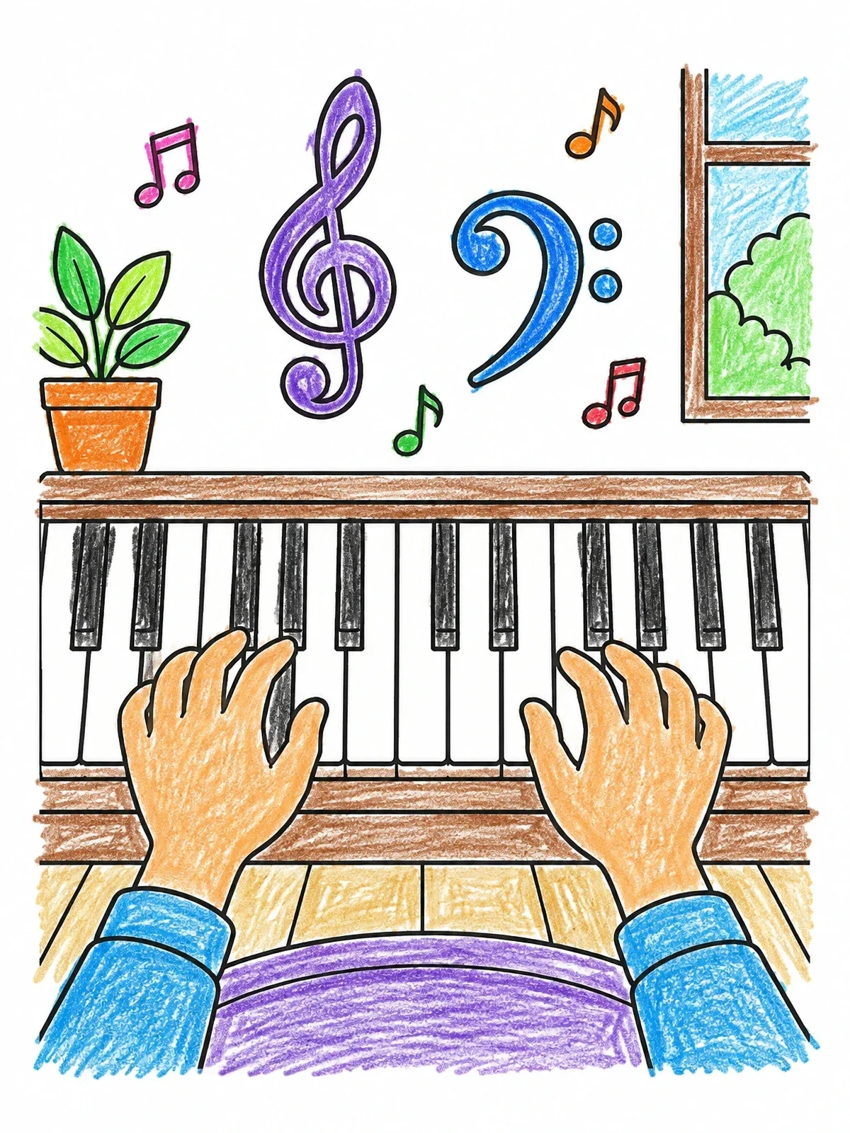 Colored example of the Hands Playing Piano With Musical Notes coloring page