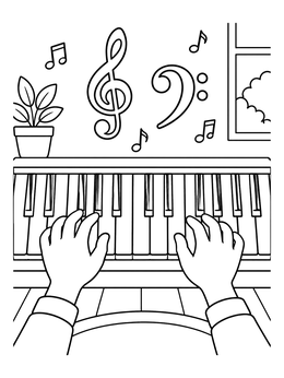Free printable Hands Playing Piano With Musical Notes coloring page