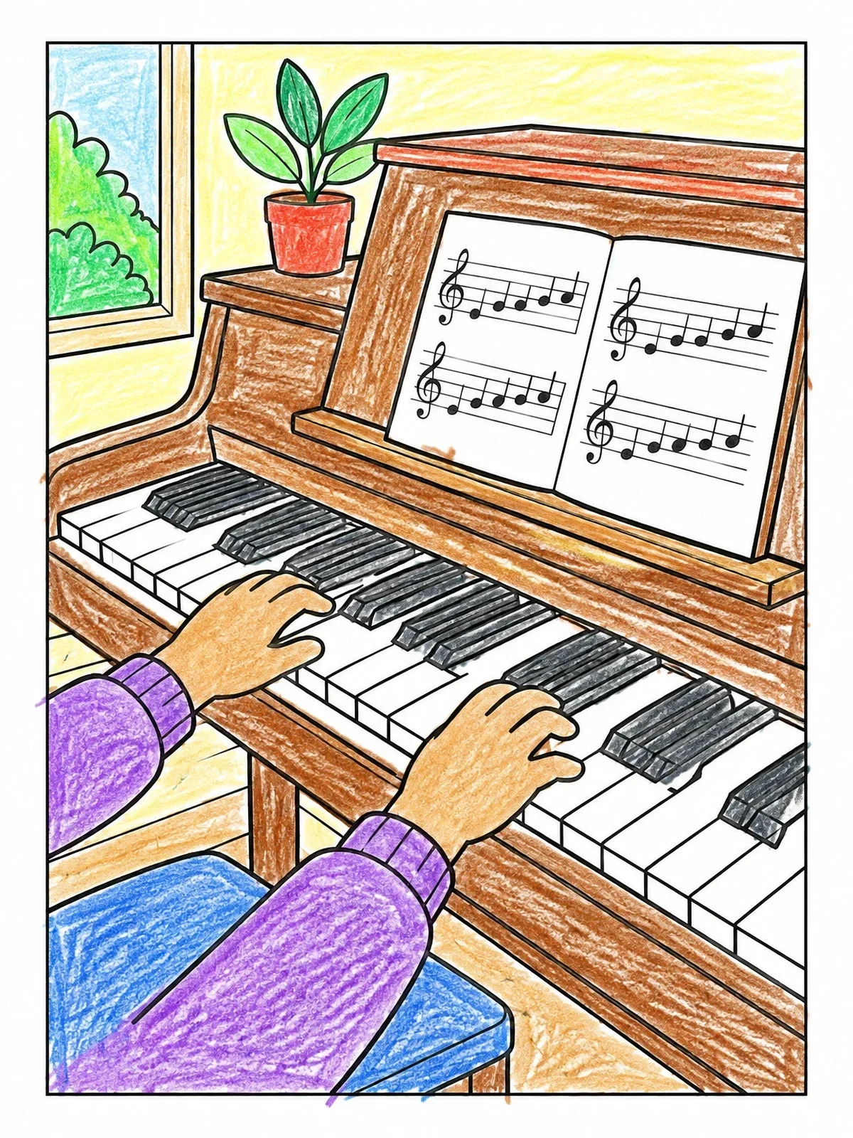 Colored example of the Child Hands Practicing Piano Music coloring page