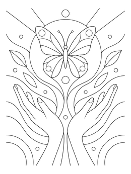 A serene forgiveness coloring page featuring cupped hands releasing a butterfly.