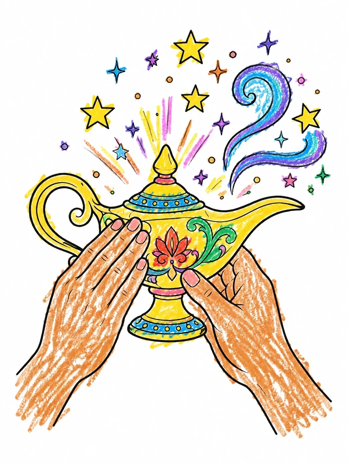 Colored example of the Hands Rubbing A Magic Lamp coloring page