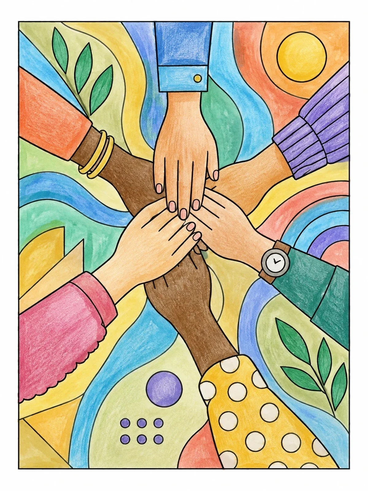 Colored example of the Diverse Hands Stacked In Unity coloring page