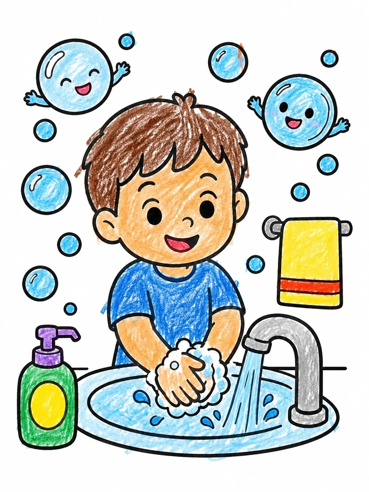 Colored example of the Boy Washing Hands With Soap coloring page