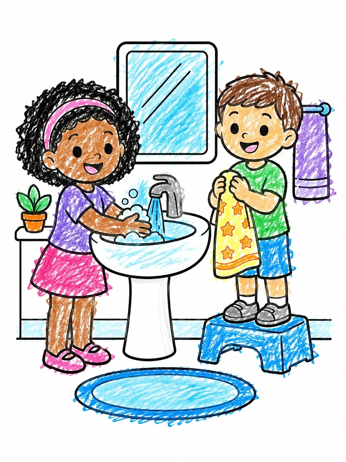 Colored example of the Children Washing And Drying Hands coloring page