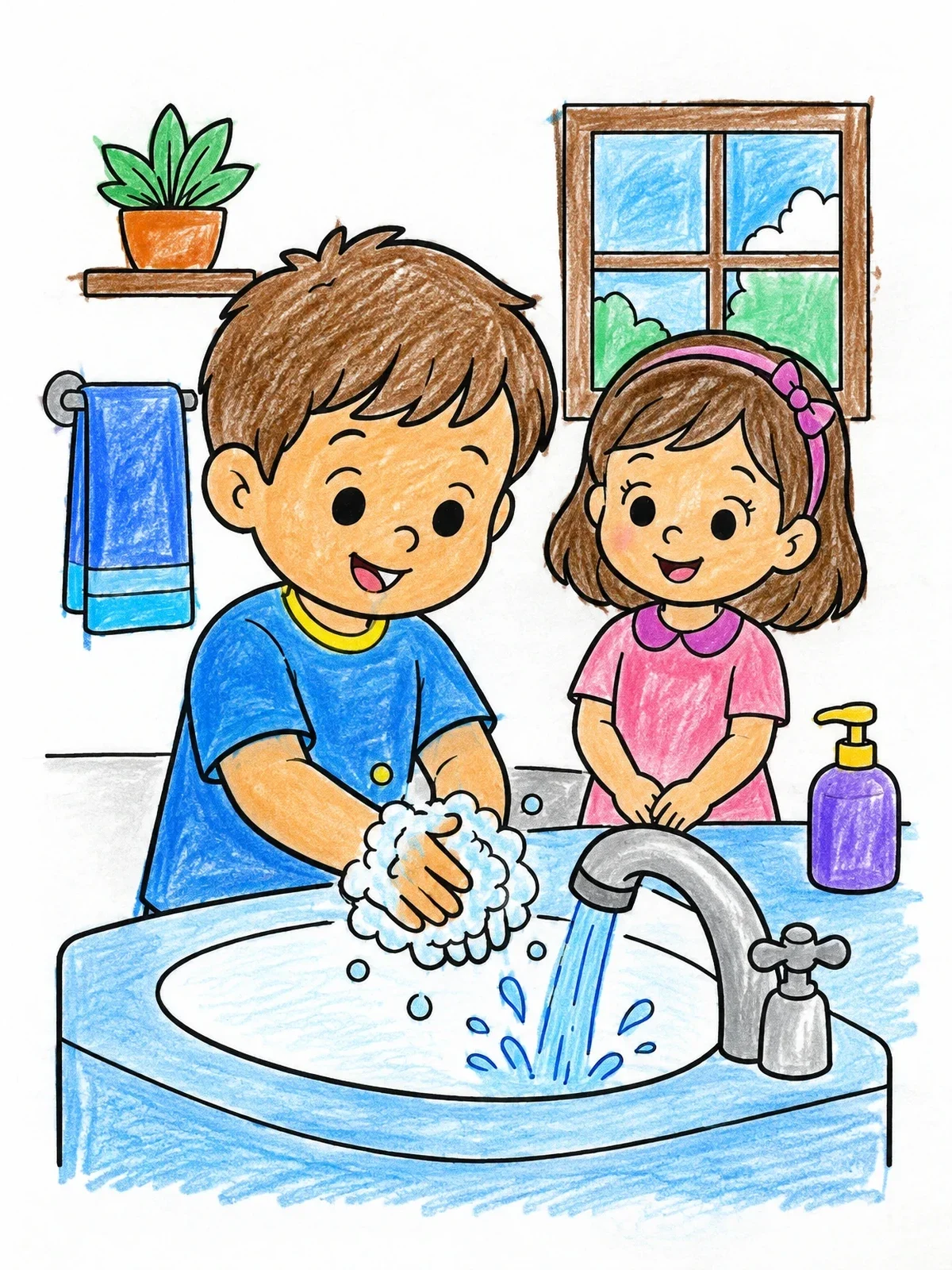 Colored example of the Children Washing Hands At Sink coloring page