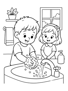 Free printable Children Washing Hands At Sink coloring page