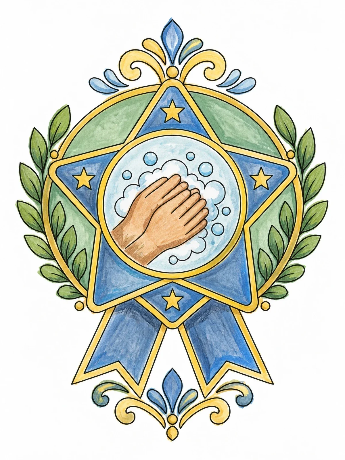 Colored example of the Clean Hands Hygiene Medal Award coloring page