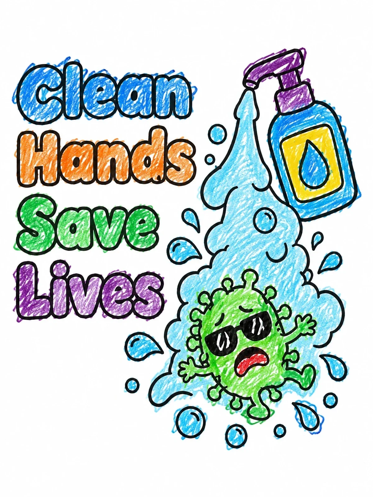 Colored example of the Clean Hands Save Lives Germ coloring page