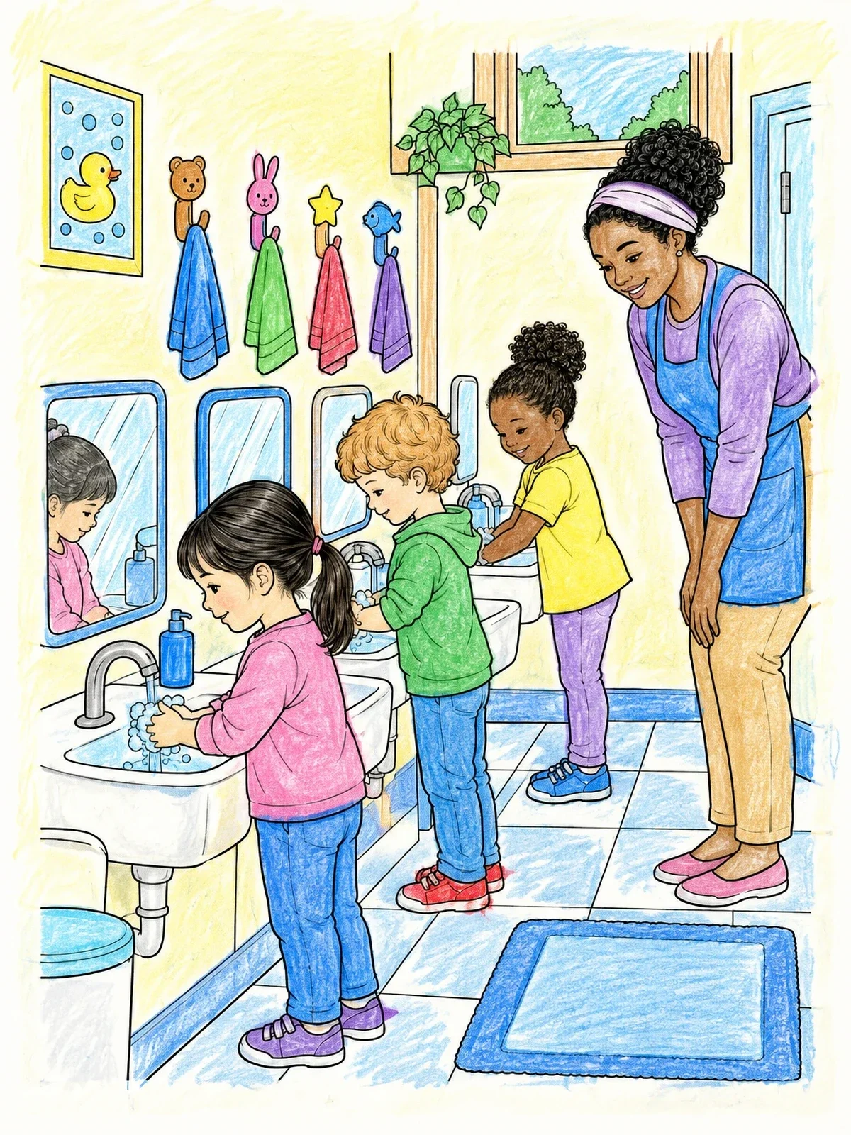 Colored example of the Preschool Children Washing Hands Together coloring page
