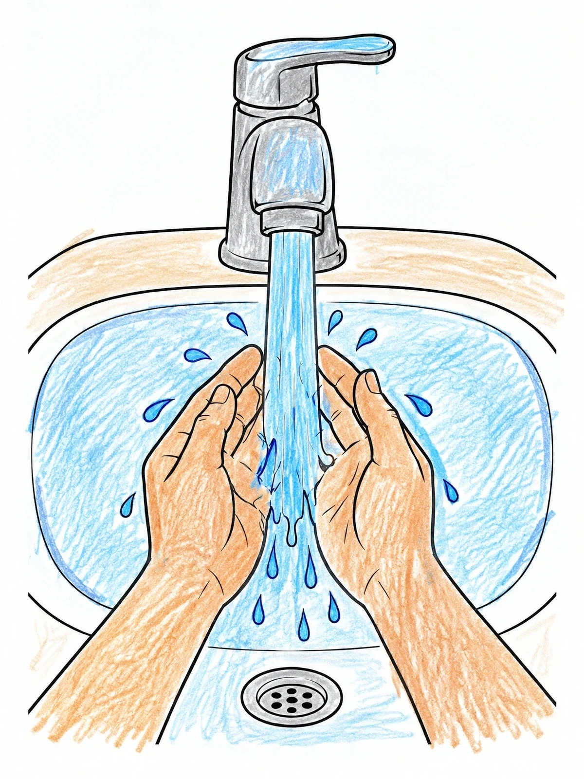 Colored example of the Rinsing Hands Under Running Tap coloring page